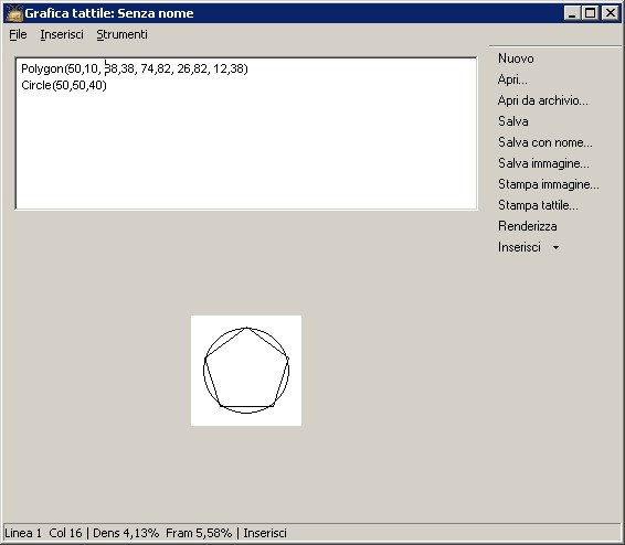  La finestra per la creazione di grafici tattili. In primo piano un poligono inscritto in un cerchio.